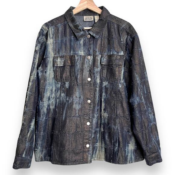 Vintage Chico's Size 3 Raw Edge Metallic Snap Front Tie Dye Shacket Women's XL - Picture 1 of 9